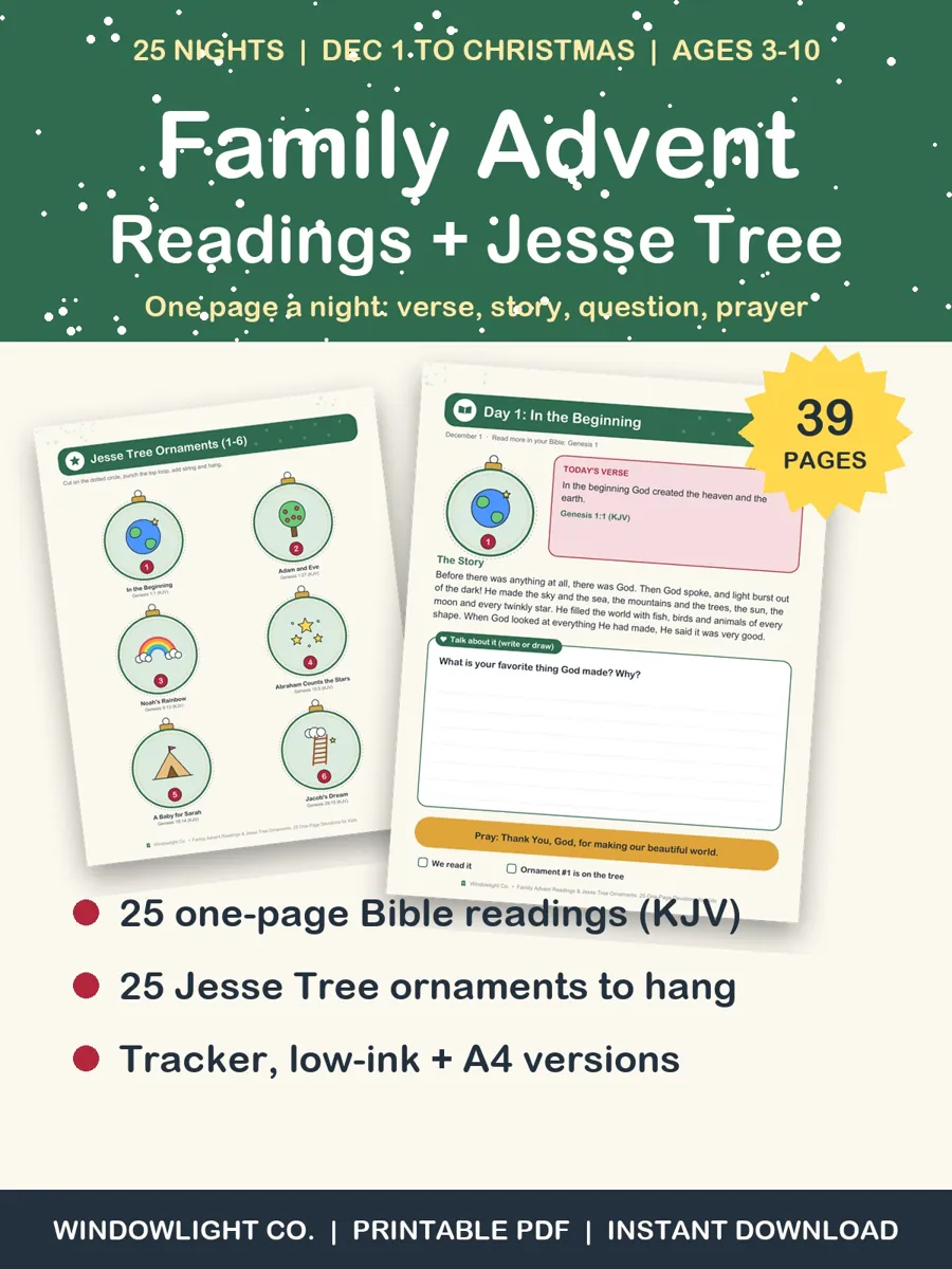 Family Advent Readings & Jesse Tree Ornaments: 25 One-Page Devotions for Kids cover